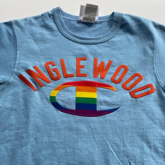 Champion Inglewood Rainbow Logo T-Shirt Light Blue Tee Men's Size XS - Picture 4 of 4
